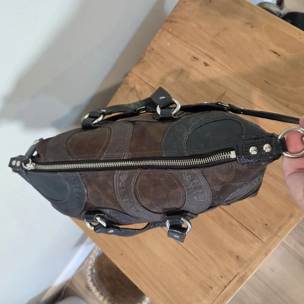 Coach Signature Patchwork Satchel Brown Jacquard Black Leather Shoulder Bag...